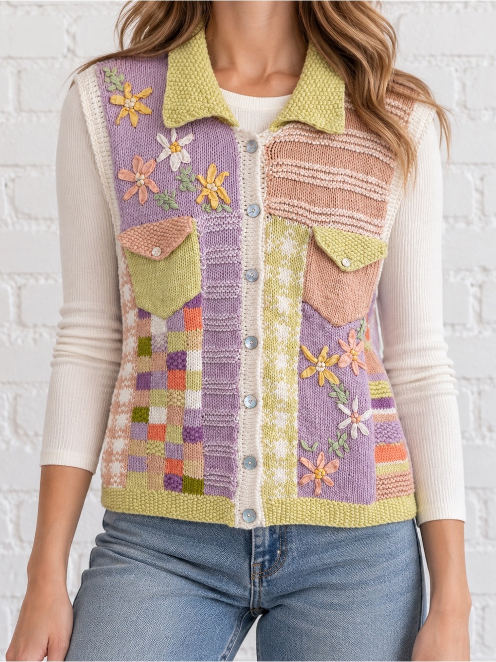 Vintage 1997 Susan Bristol Pastel Hand Knit Embroidered Vest S Cottagecore